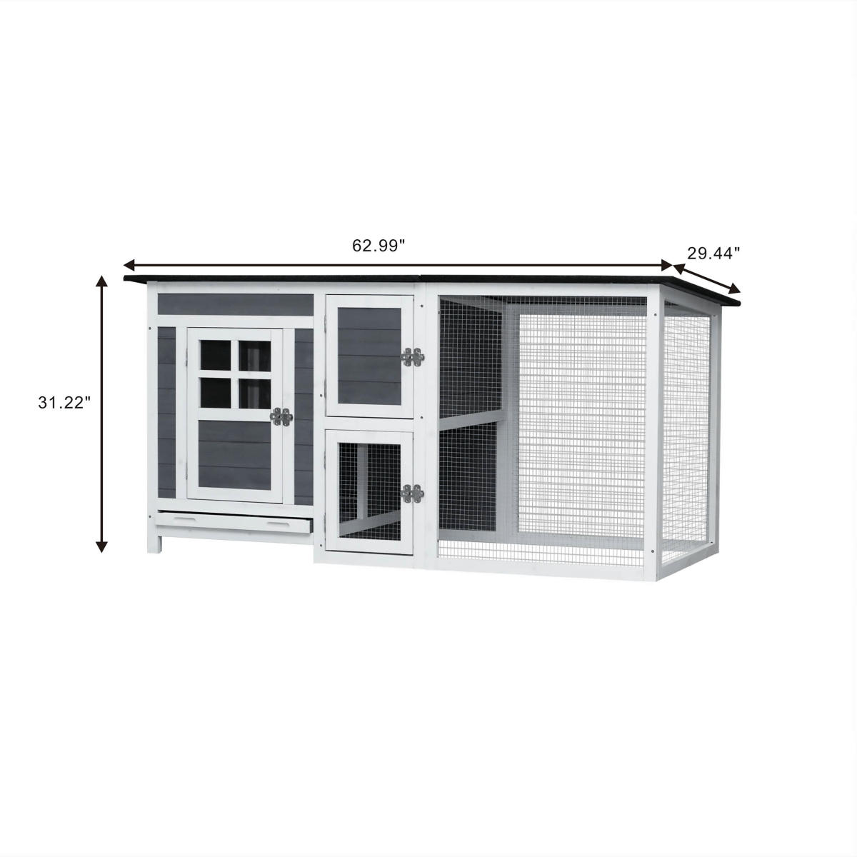 Small Gray Wooden Chicken Hutch - Compact Fir Wood with Metal Wire Construction - Small Pet Homes