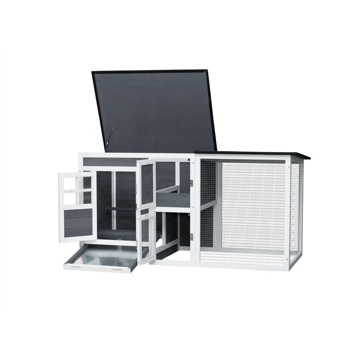Small Gray Wooden Chicken Hutch - Compact Fir Wood with Metal Wire Construction - Small Pet Homes