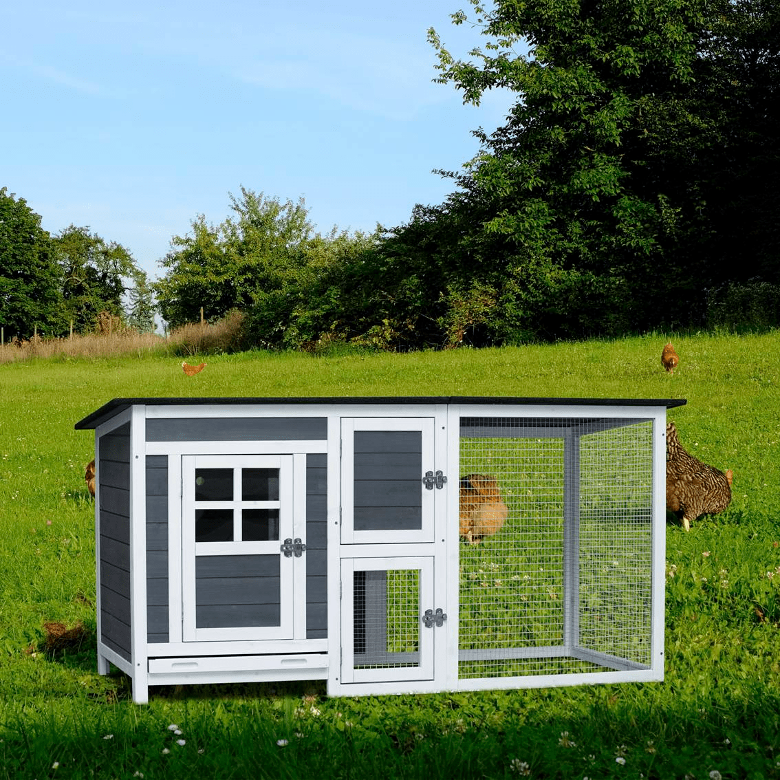 Small Gray Wooden Chicken Hutch - Compact Fir Wood with Metal Wire Construction - Small Pet Homes