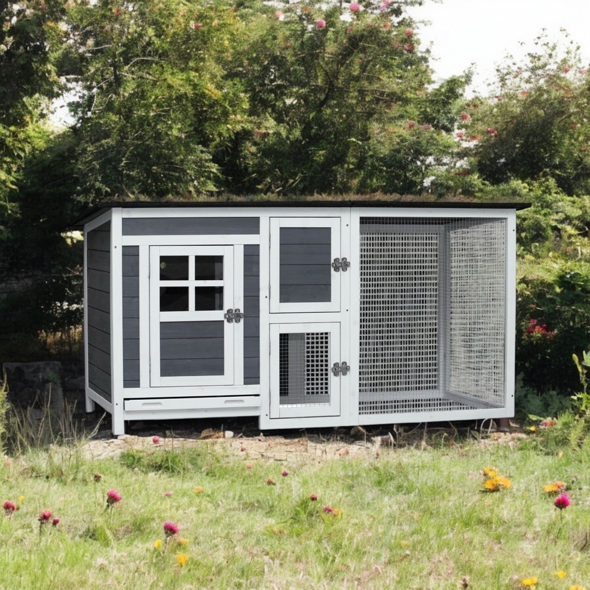 Small Gray Wooden Chicken Hutch - Compact Fir Wood with Metal Wire Construction - Small Pet Homes