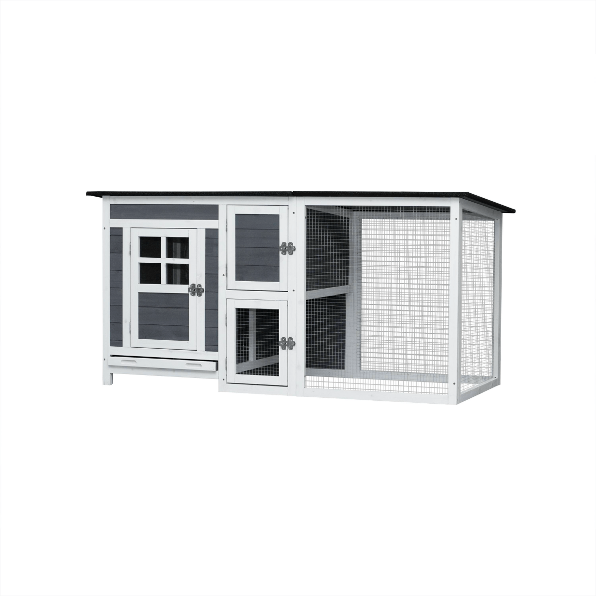 Small Gray Wooden Chicken Hutch - Compact Fir Wood with Metal Wire Construction - Small Pet Homes