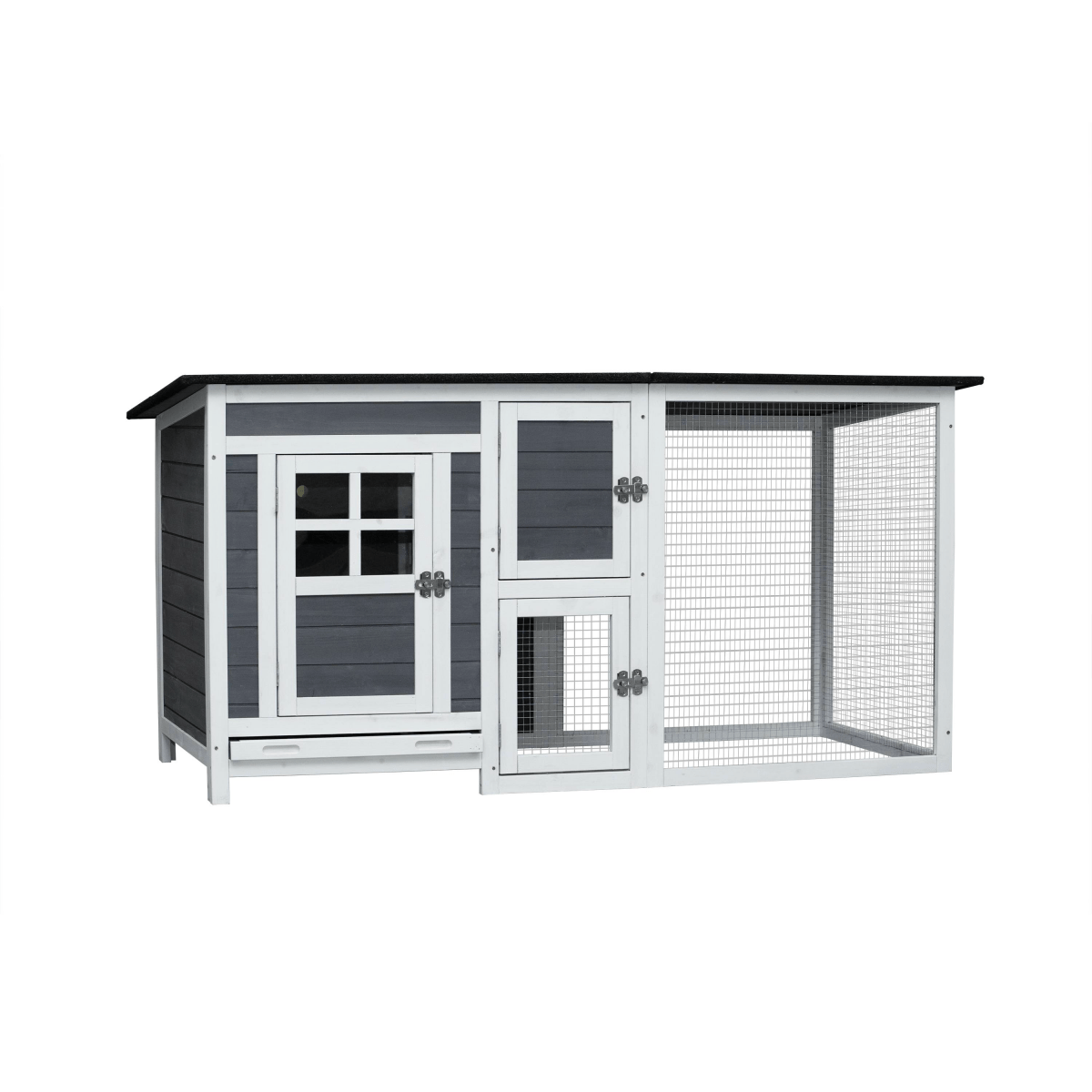Small Gray Wooden Chicken Hutch - Compact Fir Wood with Metal Wire Construction - Small Pet Homes