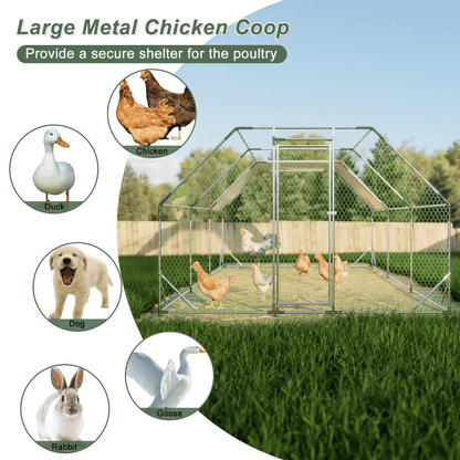 10x20 ft. Galvanized Large Metal Walk - In Chicken Coop - Durable Poultry Run with Waterproof Tarp, Secure Lockable Doors, and UV Protection - Small Pet Homes