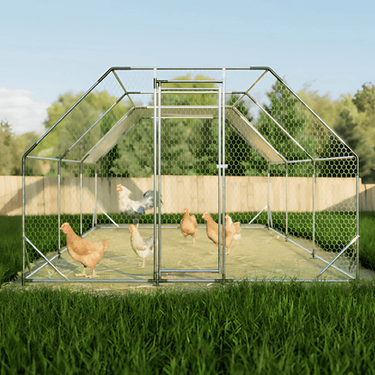 10x20 ft. Galvanized Large Metal Walk - In Chicken Coop - Durable Poultry Run with Waterproof Tarp, Secure Lockable Doors, and UV Protection - Small Pet Homes
