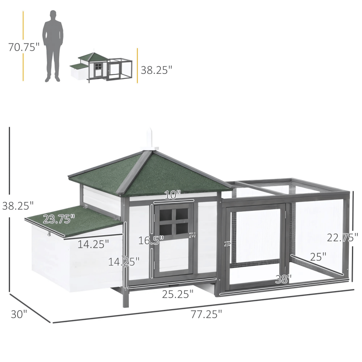 77" Wooden Chicken Coop with Nesting Box & Removable Tray – Outdoor Chicken Run with Ramp, Ventilated Window, Grey - Small Pet Homes