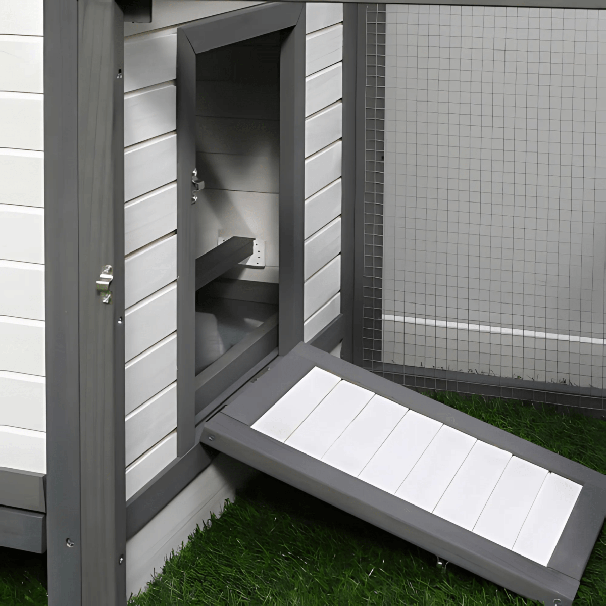 77" Wooden Chicken Coop with Nesting Box & Removable Tray – Outdoor Chicken Run with Ramp, Ventilated Window, Grey - Small Pet Homes