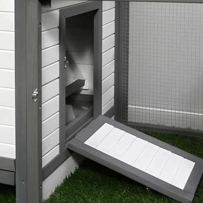 77" Wooden Chicken Coop with Nesting Box & Removable Tray – Outdoor Chicken Run with Ramp, Ventilated Window, Grey - Small Pet Homes