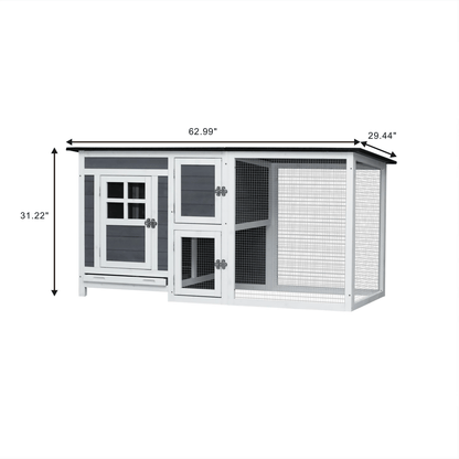 Small Gray Wooden Chicken Hutch - Compact Fir Wood with Metal Wire Construction - Small Pet Homes