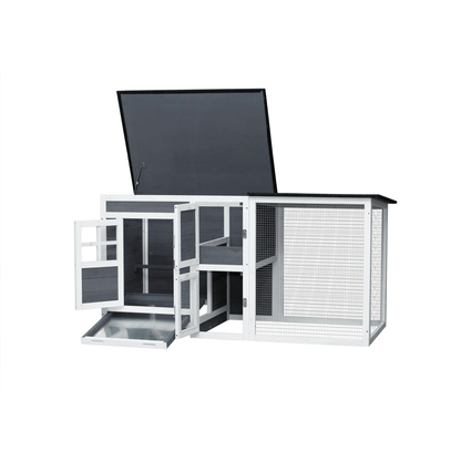 Small Gray Wooden Chicken Hutch - Compact Fir Wood with Metal Wire Construction - Small Pet Homes