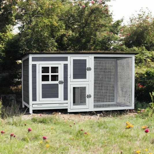 Small Gray Wooden Chicken Hutch - Compact Fir Wood with Metal Wire Construction - Small Pet Homes